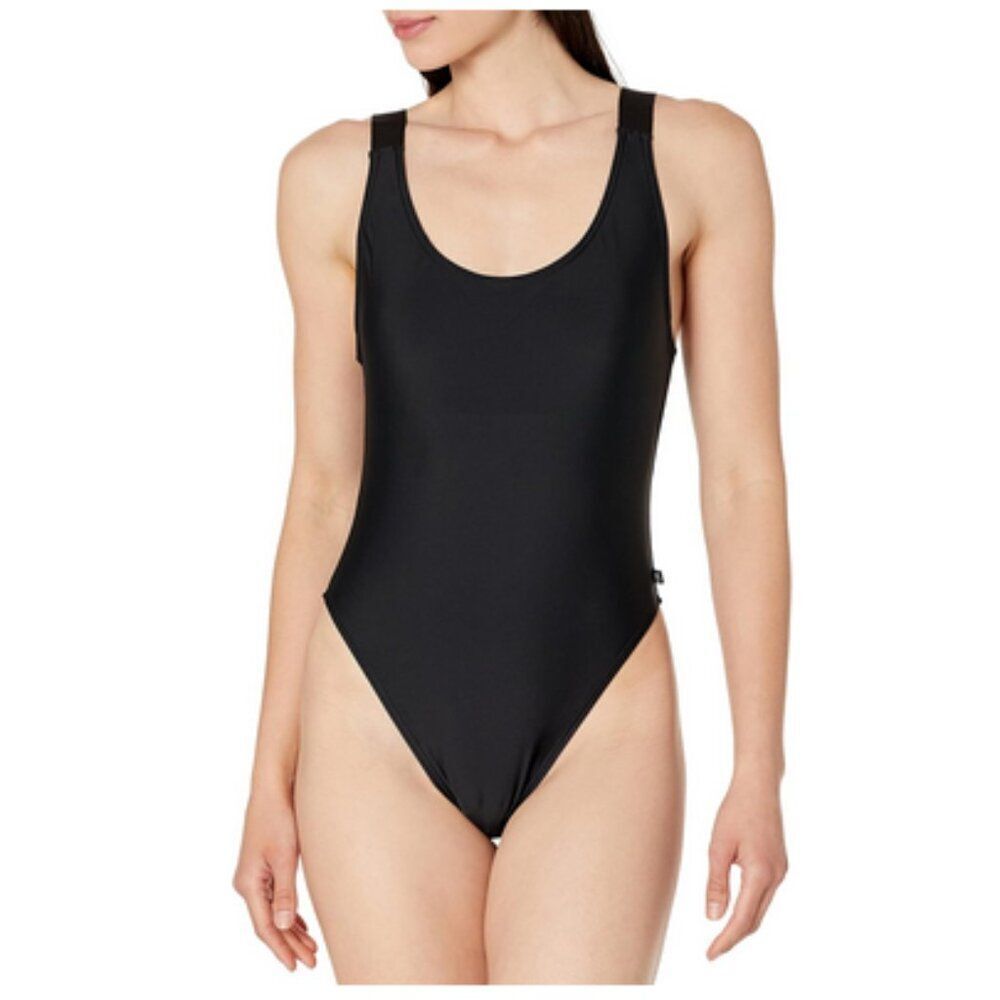 Calvin Klein Womens Standard Logo Elastic Straps Low-Cut Back One Piece Swimsuit